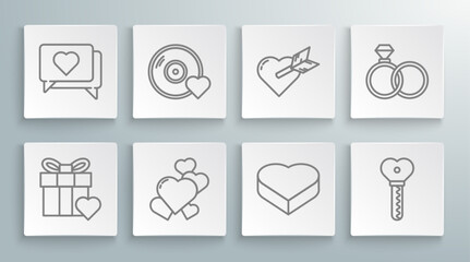 Set line Gift box and heart, Romantic music, Heart, Candy in shaped, Key, Amour with arrow, Wedding rings and Like icon. Vector