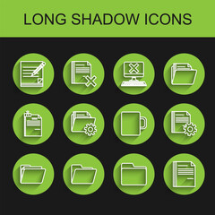 Set line Document folder, Blank notebook and pencil with eraser, File document, Folder settings gears, and Coffee cup icon. Vector