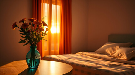 Elegant, blue-themed bedroom with sunset view, colorful roses, and cozy furnishings, combining serene interior design with warm natural light for a tranquil, inviting ambiance ai.

