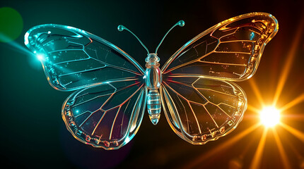 A glowing, icy butterfly rests on frosty ground, its translucent wings shimmering against a warm autumn backdrop of orange and brown, evoking magical seasonal contrast ai.

