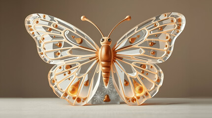 A glowing, icy butterfly rests on frosty ground, its translucent wings shimmering against a warm autumn backdrop of orange and brown, evoking magical seasonal contrast ai.

