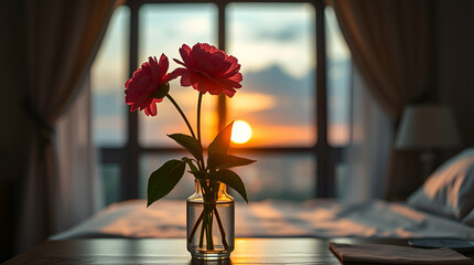 Elegant blue-themed bedroom with sunset view, colorful roses, and cozy furnishings, combining serene interior design with warm natural light for a tranquil, inviting ambiance ai.

