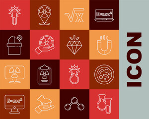 Set line Test tube and flask, Bacteria, Magnet, Square root of x glyph, Radioactive, Astronomical observatory, and Diamond icon. Vector