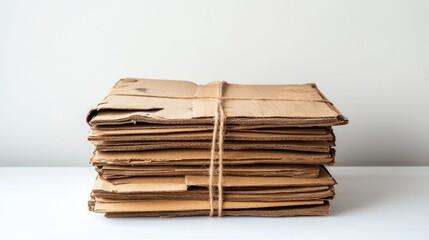 Stack of used cardboard boxes tied with twine