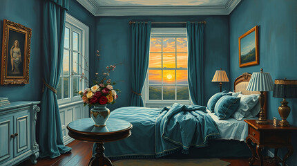 Elegant blue-themed bedroom with sunset view, colorful roses, and cozy furnishings, combining serene interior design with warm natural light for a tranquil, inviting ambiance ai.


