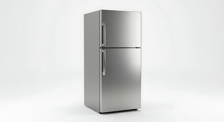 Modern Stainless Steel Refrigerator on White Background, Kitchen Appliance, Clean Lines.