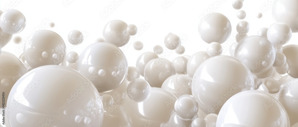 Poster abstract background of glossy white spheres and bubbles floating in a clean space concept of purity,