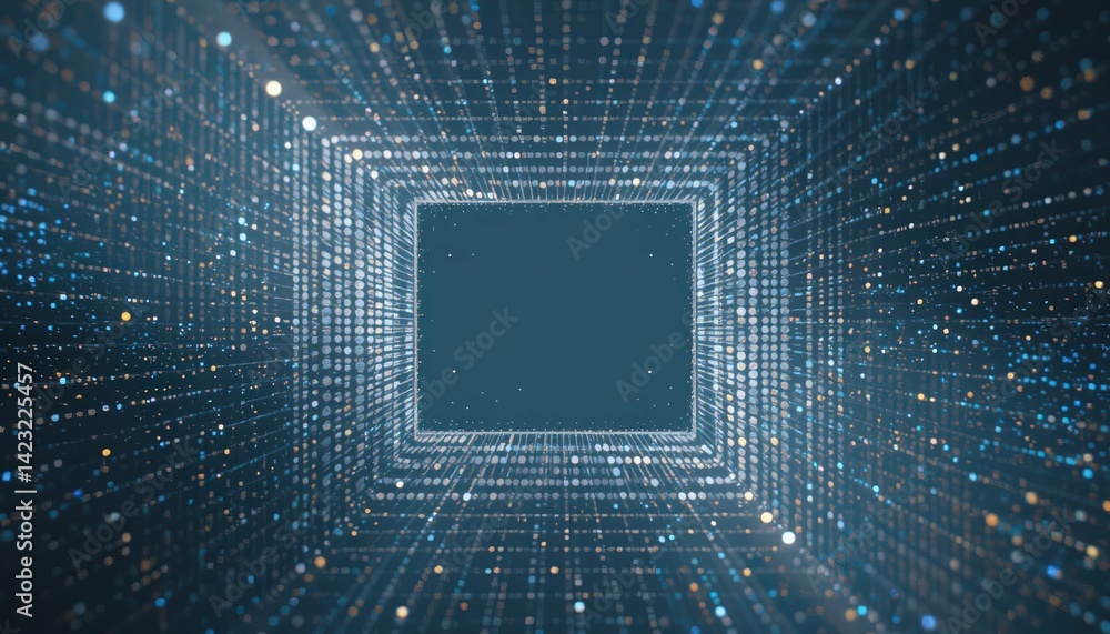 Poster exploring digital dimensions virtual space abstract animation futuristic environment eye-level view 