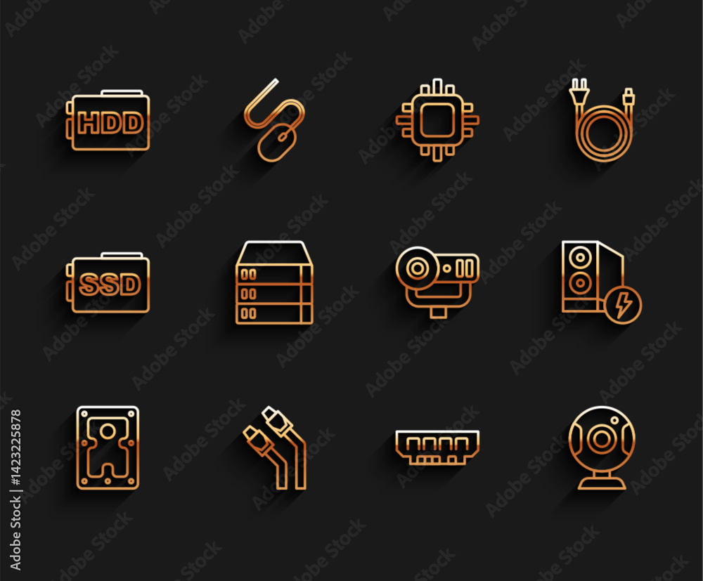 Aufkleber set line hard disk drive hdd, lan cable network internet, ram, random access memory, web camera, ser