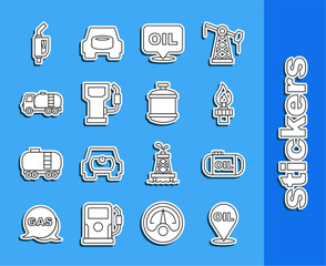 Set line Refill petrol fuel location, Oil tank storage, rig with fire, Word oil, Petrol gas station, Tanker truck, Gasoline pump nozzle and Propane icon. Vector