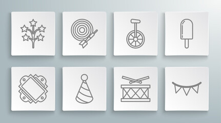 Set line Ticket, Classic dart board and arrow, Party hat, Drum with drum sticks, Carnival garland flags, Unicycle or one wheel bicycle, Ice cream and Fireworks icon. Vector © Oksana