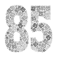 Grayscale word cloud forming the number 85, with repeated text in various sizes.