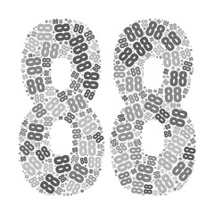 Grayscale word cloud forming the number 88, with repeated text in various sizes.