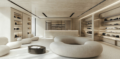 Elegant beige and cream minimalist showroom with curved sofas and display shelves perfect for...