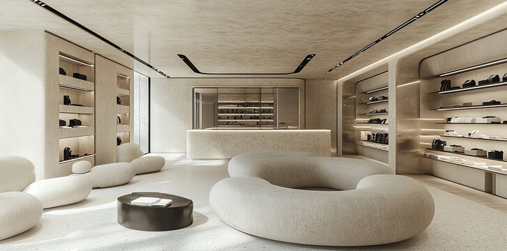 Elegant beige and cream minimalist showroom with curved sofas and display shelves perfect for showcasing luxury goods and creating a high-end brand image.