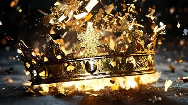 Fabulous golden crown with fallen down confetti, shattering on a dark background. Symbol of monarchy