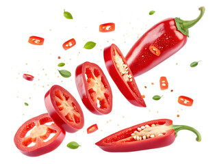 red jalapeno slices flying isolated on white background, PNG