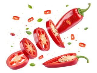 red jalapeno slices flying isolated on white background, PNG