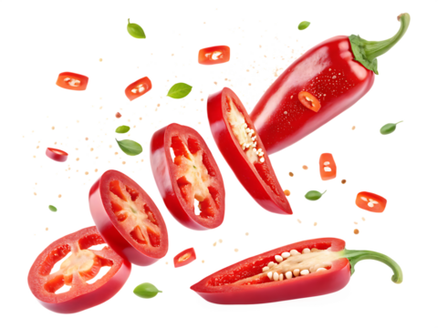red jalapeno slices flying isolated on white background, PNG