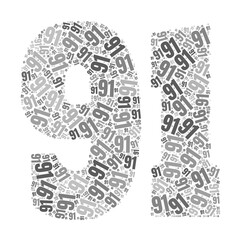 Grayscale word cloud forming the number 91, with repeated text in various sizes.