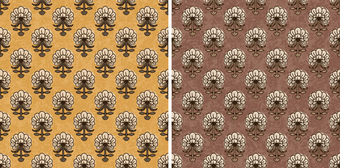 Traditional Dancing Ajrakh Floral Hand Block Printed Repeat Vector Pattern 
