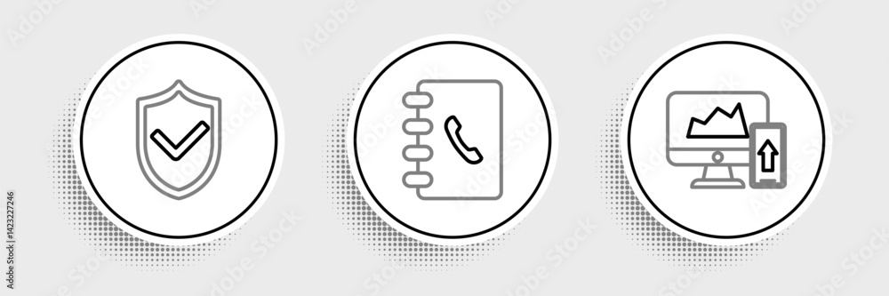 Poster set line financial chart or graph on the computer monitor and mobile phone, shield with check mark a
