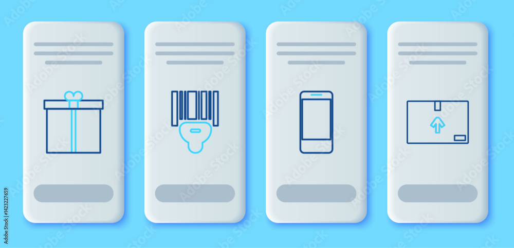Poster set line scanner scanning bar code, mobile phone with app delivery tracking, gift box and cardboard 