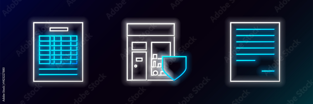 Poster set line document, report file document and shopping building with shield icon. glowing neon. vector