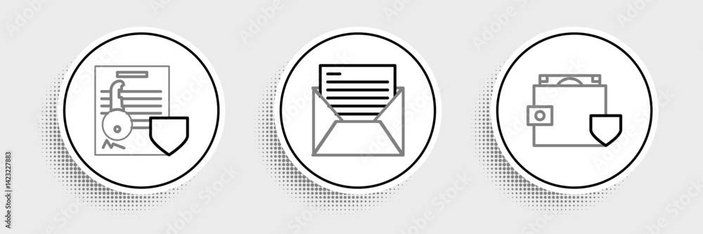 Poster set line wallet and money with shield, document key and mail e-mail icon. vector