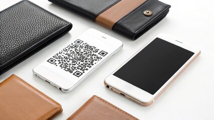 Close up of payment tools smartphone scanning QR code with wallets on white background