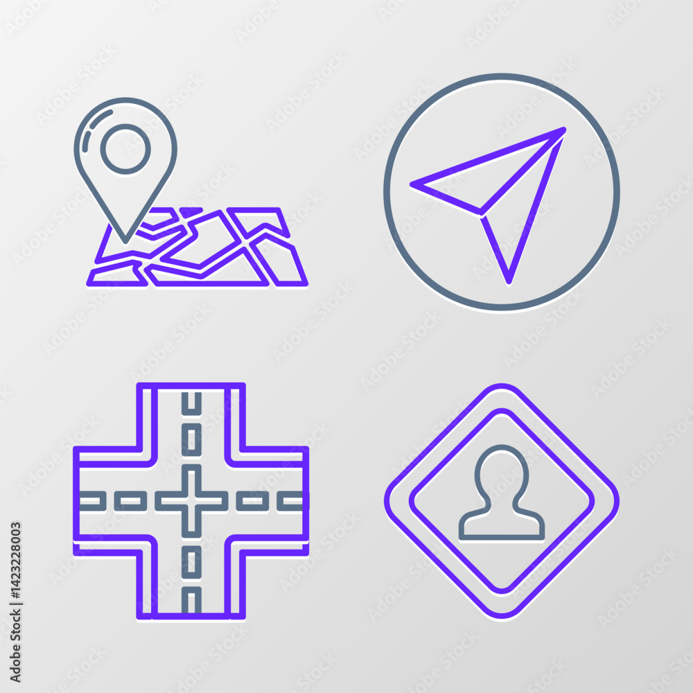 Poster set line road traffic sign, paper airplane and folded map with location marker icon. vector