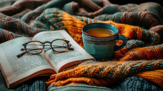 a cup of tea, a book and glasses on a blanket. selective focus
