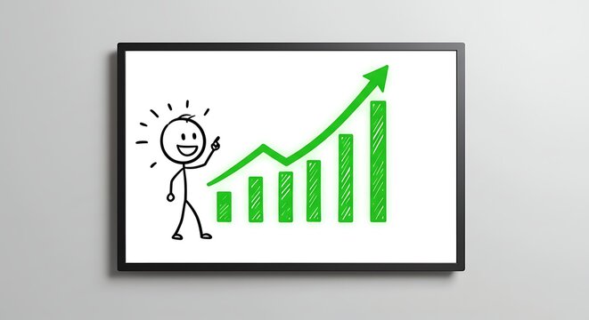 Animated stick figure points to a rising green bar graph on a wall-mounted display - Powered by Adobe