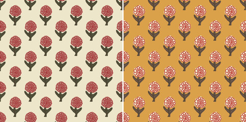 Traditional Botanical Kalamkari Floral Block Print Repeat Vector Pattern 