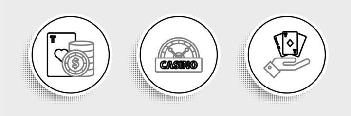 Obraz premium Set line Hand holding deck of playing cards, Casino chip and signboard icon. Vector