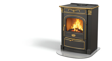 Ornate black stove with golden accents and glowing firebox on white.