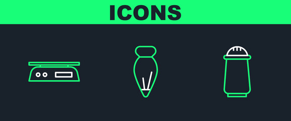 Set line Salt and pepper, Electronic scales and Pastry bag for decorate cakes icon. Vector
