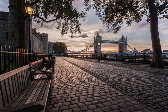 Sunrise view of Tower Bridge over the River Thames and Traitor's Gate at the Tower of London, London, England, UK
