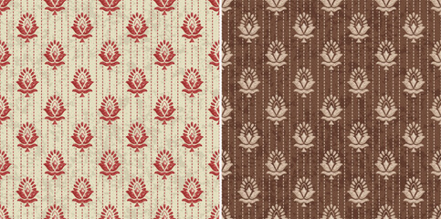 Premium Damask Ikat Block Print with Handwork Rice Stitch  Red Traditional Vector Abstract Repeat Pattern