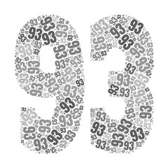 Grayscale word cloud forming the number 93, with repeated text in various sizes.