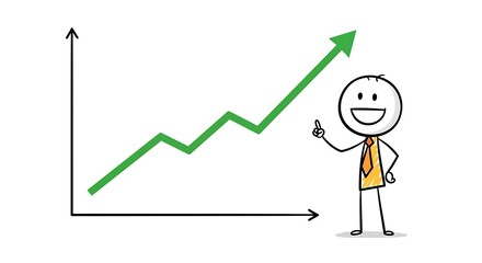 Cheerful cartoon stick figure presenting an upward trending graph, symbolizing growth and business