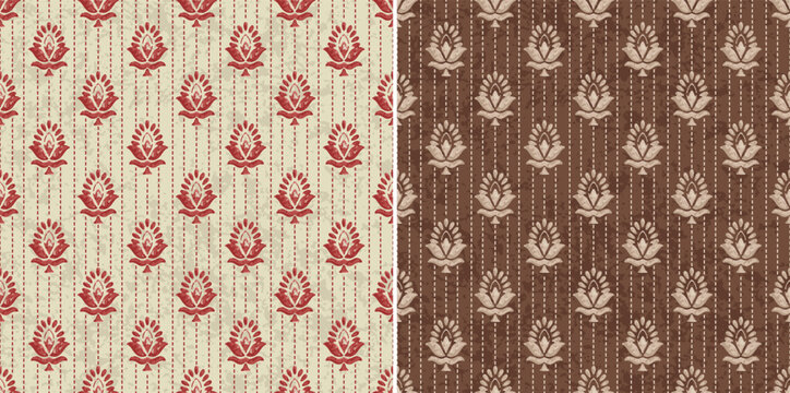 Premium Damask Ikat Block Print with Handwork Rice Stitch  Red Traditional Vector Abstract Repeat Pattern