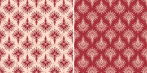 Red Damask Leaf Motif with Textured Background Block Print Repeat Vector Pattern 