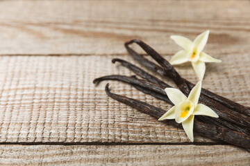 Vanilla pods on a textured background. Vanilla flowers and seeds. vanilla stick bean. Aromatic spicy spice for pastries and desserts. Seasoning. Space for text. Copy Space