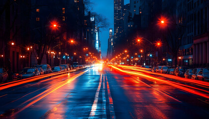 Obraz premium Dynamic city nightscape vibrant light trails and urban architecture
