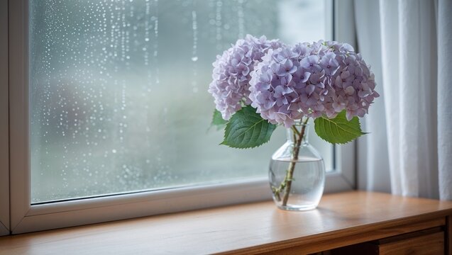 窓辺に咲く雨の日の紫陽花
