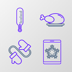 Set line Christmas on smartphone and snowflake, Pair of knitted christmas mittens, Roasted turkey or chicken and Meteorology thermometer measuring icon. Vector