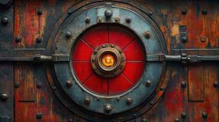 Ornate, circular metallic portal embedded in weathered wooden panels.