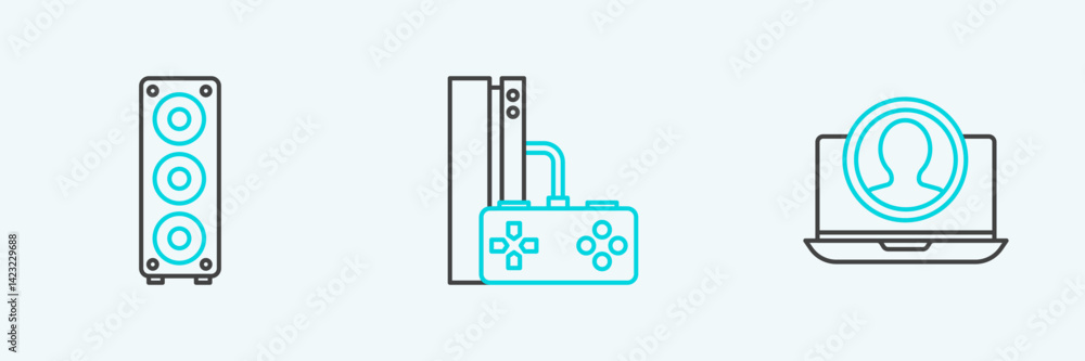 Poster set line create account screen, stereo speaker and game console with joystick icon. vector