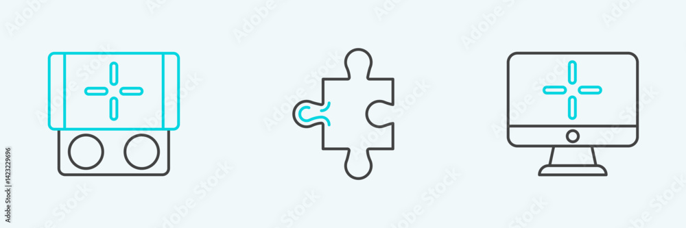 Poster set line computer monitor, portable video game console and piece of puzzle icon. vector